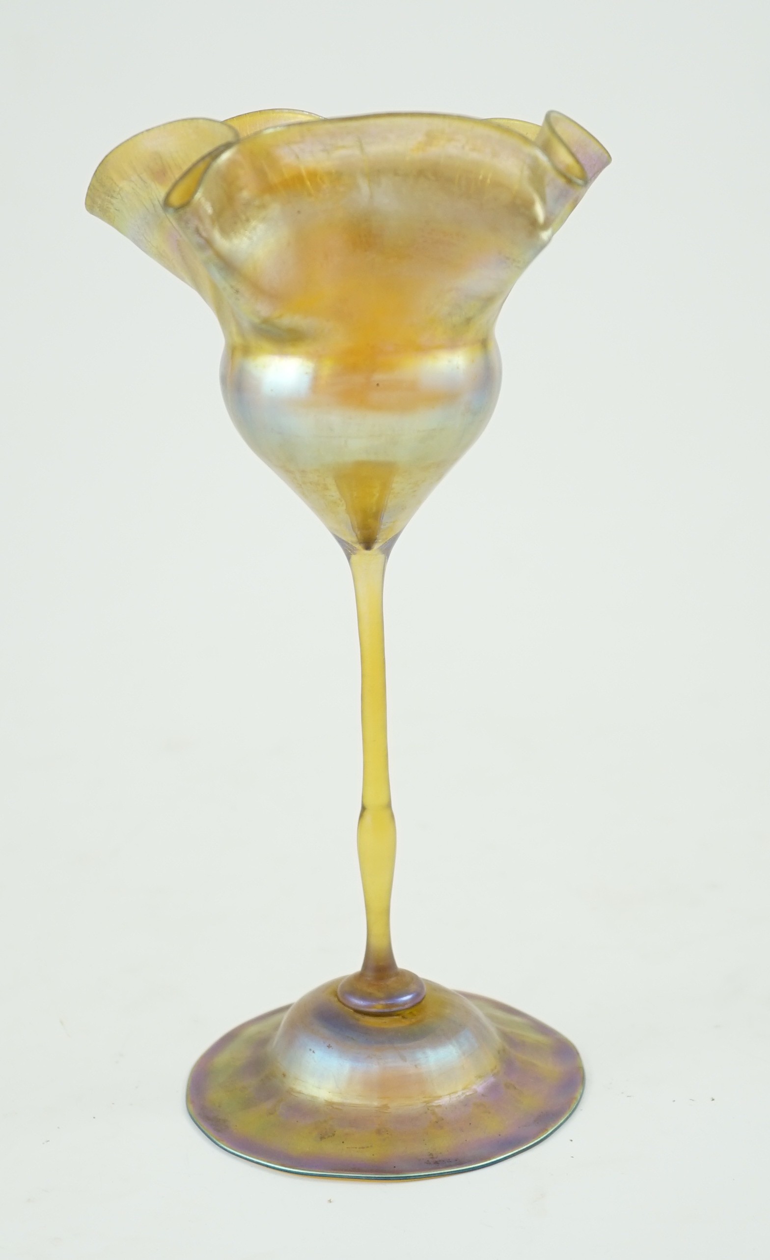 Tiffany Studios, New York. A 'Favrile' glass flowerform vase, etched makers mark L.C.T. (Louis Comfort Tiffany), pattern Y1959, c.1907, 26cm high